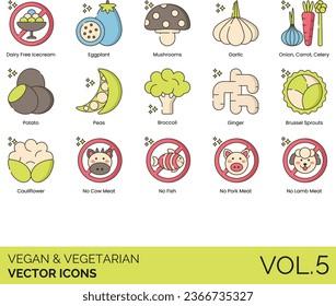 Vegan and Vegetarian Icons including 100% Vegan, Almond Milk, Biodegradable, Broccoli, Brown Sugar, Brussel Sprouts, Cauliflower, Cheese Platter, vegetable