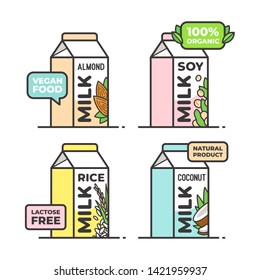 Vegan, vegetarian milk. Almond, rice, coconut, soybeans. Vegetable food and drinks. Lactose free.