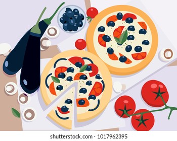 Vegan, vegetarian Pizza and ingredients vector flat illustration. Set with tomato, olives, eggplants, oregano for website and advertising. Isolated on white background