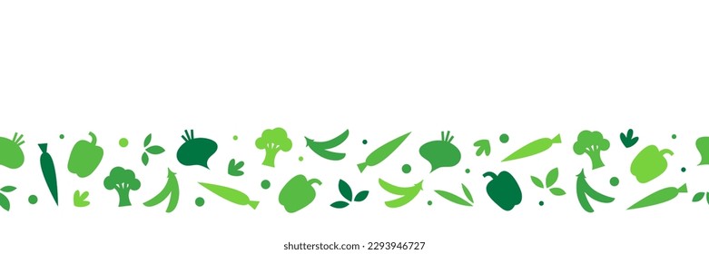 Vegan, vegetarian, plant-based seamless border. Green veggies and healthy lifestyle concept. Meatless food. Vector flat illustration.