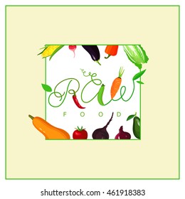 Vegan, vegetarian and raw food signs - carrot, corn, pumpkin, avocado and onion