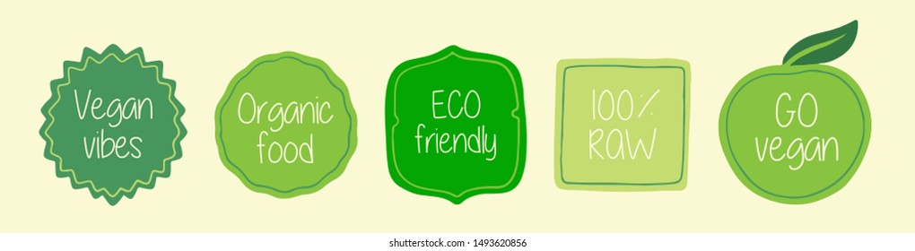 Vegan vibes emblems isolated on green background. Healthy dietary concept. Vector illustration. 
