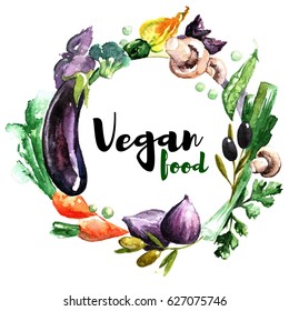 Vegan Watercolor Logo with Lettering Vegan Food.  Design Menu Card for Vegetarians, Logo Vegan Shop, Hand Painted Watercolor Round Vegetable Frame on white background.