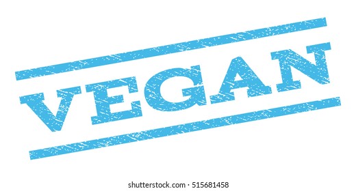 Vegan watermark stamp. Text caption between parallel lines with grunge design style. Rubber seal stamp with unclean texture. Vector light blue color ink imprint on a white background.