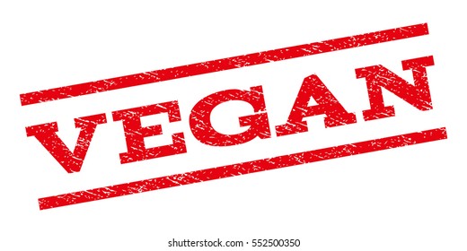 Vegan watermark stamp. Text caption between parallel lines with grunge design style. Rubber seal stamp with dust texture. Vector red color ink imprint on a white background.