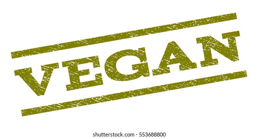 Vegan watermark stamp. Text caption between parallel lines with grunge design style. Rubber seal stamp with dust texture. Vector olive color ink imprint on a white background.