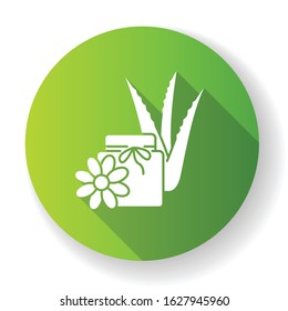 Vegan wax green flat design long shadow glyph icon. Cream with floral extract. Organic lotion in jar with aloe vera. Medicinal herbs product. Beauty treatment. Silhouette RGB color illustration