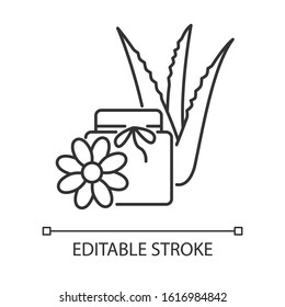 Vegan wax pixel perfect linear icon. Cream with floral extract. Organic lotion with aloe vera. Thin line customizable illustration. Contour symbol. Vector isolated outline drawing. Editable stroke