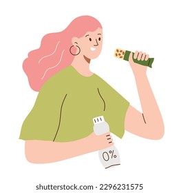 Vegan woman eating healthy snacks, granola bar and probiotic drink icons, vector doodle illustration of plant-based nutritious food,  protein-packed desserts to buy, isolated colored clipart