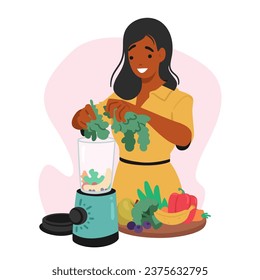 La Mujer Vegan Mezcla Experimentalmente Ingredientes Nutriciosos De Plantas En Su Blender, Creando Un Impresionante Y Sólido Amanecer Con Bondad Y Sabores Sin Crueldad. Ilustración de vectores de personas de caricatura