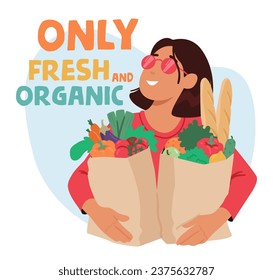 Vegan Woman Proudly Carries Paper Bags Brimming With Fresh, Plant-based Delights, Female Character Embodying Her Commitment To Health, Ethics, And Sustainability. Cartoon People Vector Illustration