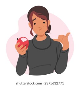 Vegan Woman Savoring A Crisp Apple, Female Character Embracing Her Plant-based Lifestyle With A Healthy And Cruelty-free Snack Choice. Cartoon People Vector Illustration