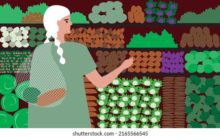 A Vegan Woman Uses Reusable Grocery Bags. Flat Vector Stock Illustration. Buying Vegetables In The Market Or In The Store. Mesh Shopper Bag