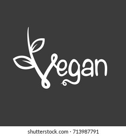 Vegan word banner text with leaf icon isolated on green background. Vector illustration.