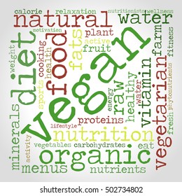 Vegan word cloud. Healthy food concept. Vector. Gradient background.