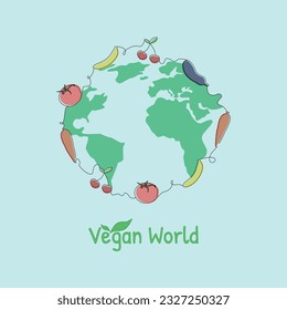 Vegan World With Border Of Vegetables And Fruits. Vegan World Icon Vector Design.