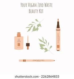 Vegan zero waste beauty kit poster in peach, green and brown hews on sage background. Can be used for advertising and promotion in banners, flyers, posters or as placement print on cosmetic bag