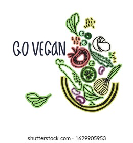 Veganism concept. Fresh fruit and vegetables ad. Hand-lettered slogan. Basket of healthy carb food illustration. Isolated on white background