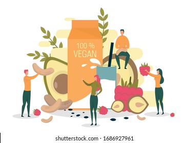 Veganism Concept. People near Paper Bag with Vegan Milk. Man and Woman Holding Fruit as Raspberry and Nut in Hand. Milk Glass, Avocado. Healthy Lifestyle, Organic Food Flat Vector Illustration.