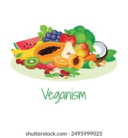 Veganism diet food icon set vector. Fruits, vegetables, legumes, nuts vector illustration. Pile of healthy fresh food drawing. Vegan food icon set on a white background