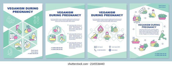 Veganism during pregnancy brochure template. Balanced nutrition. Leaflet design with linear icons. 4 vector layouts for presentation, annual reports. Arial-Black, Myriad Pro-Regular fonts used