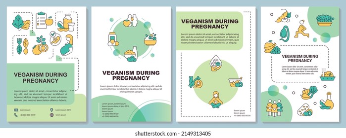 Veganism during pregnancy green brochure template. Balanced nutrition. Leaflet design with linear icons. 4 vector layouts for presentation, annual reports. Arial-Black, Myriad Pro-Regular fonts used