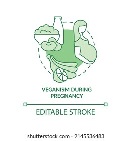 Veganism during pregnancy green concept icon. Essential nutrients. Vegan lifestyle abstract idea thin line illustration. Isolated outline drawing. Editable stroke. Arial, Myriad Pro-Bold fonts used