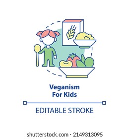 Veganism for kids concept icon. Essential nutrients for children. Vegan lifestyle abstract idea thin line illustration. Isolated outline drawing. Editable stroke. Arial, Myriad Pro-Bold fonts used