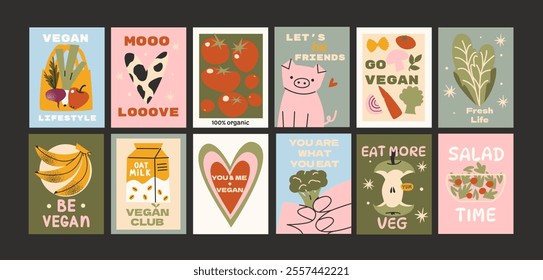 Veganism and organic food poster. Cartoon vegetarian banner, fresh vegetables, fruits, natural ingredients without gmo. Green salad leaves and meat-free food. Kitchen poster