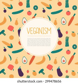Veganism page template. Vegan seamless pattern on back. Minimalistic vegetables and fruits on yellow.