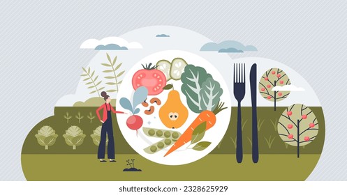 Veganism and plant based diets for vegetarian lifestyle tiny person concept. Avoid meat and eat vegetables, greens or veggies as organic and fresh vegan alternative to nutrition vector illustration.