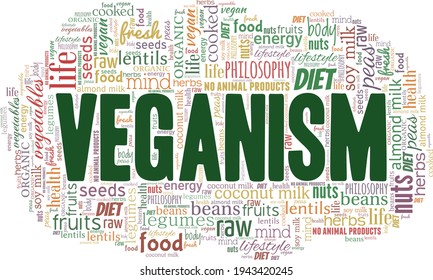 La nube de palabras de la ilustración vectorial del veganismo aislada en un fondo blanco.