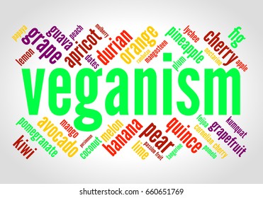 Veganism. Word cloud, brightly colored font, grey gradient background. Fruit.