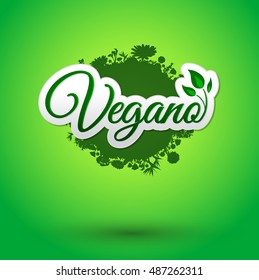 Vegano - Vegan spanish text, Vector icon design, green vegan symbol food with leaves