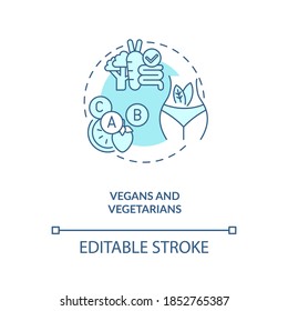 Vegans and vegetarians concept icon. People in supplements need idea thin line illustration. Daily recommended intake. B12-fortified foods. Vector isolated outline RGB color drawing. Editable stroke