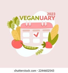 Veganuary 2023. It's time for a healthy diet. Start the new year with the right nutrition. Calendar as a tool for self-control. Vector