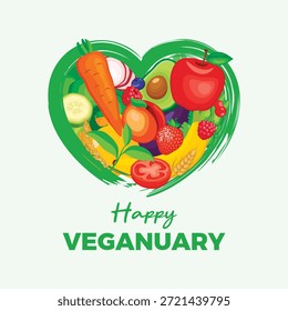 Veganuary annual challenge poster vector illustration. Paintbrush green heart shape with fruits and vegetables icon. Heart made of healthy food symbol. Template for background, banner, card