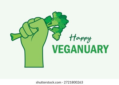 Ilustración vectorial anual de posters del desafío de febrero. Mano de protesta sosteniendo el símbolo de la hoja verde. Mano levantada verde con el icono del puño apretado. Diseño de comida vegana. Plantilla para el fondo, Anuncio, tarjeta