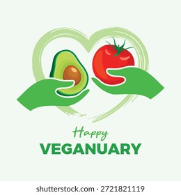 Ilustración vectorial anual de posters del desafío de febrero. Mano que da el icono del aguacate y del tomate. Diseño de comida vegana. Plantilla para el fondo, Anuncio, tarjeta