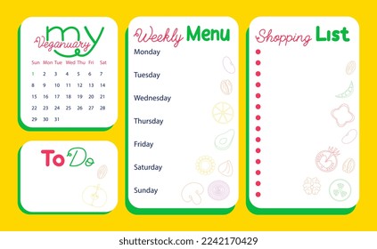 Veganuary calendar page and menu planner vector illustration. January go vegan challenge. Weekly menu, shopping and to do list decorated with doodle vegetables and nuts