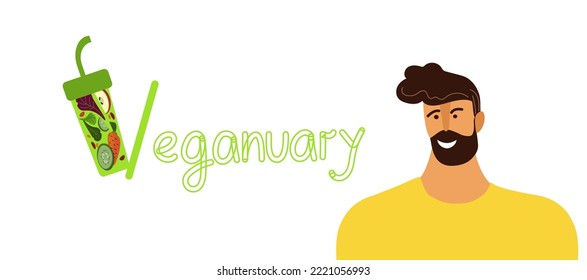 Veganuary concept. vegetable smoothie. Vector flat doodle cartoon banner of World Vegan  Day. Nutrition plan concept, healthy diet, program. 