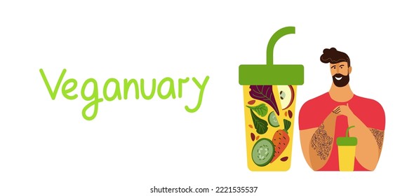 Veganuary concept. vegetable smoothie. Vector flat doodle cartoon banner of World Vegan  Day. Nutrition plan concept, healthy diet, program. 