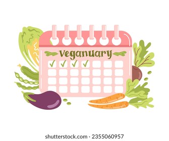 Veganuar. Rosa Kalender im Cartoon-Stil. Planungsplan mit markierten Tagen, Tracker gute Gewohnheiten. Frisches Gemüse der Saison. Vektorgrafik im Flachstil. Für Werbung, Website, Poster