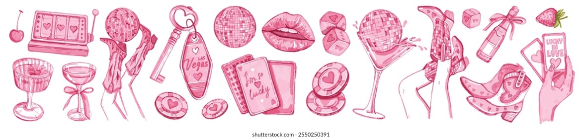 Vegas Bachelorette Party-Set, Vektorgrafik handgezeichnet Aquarell Cowgirl Disco Sammlung rosa Lippen, Schlüssel. Casino Cocktail Club Print Frau Beine, Cowboy Stiefel, Wettchips, Glücksliebe Zeichen. Bachelorette