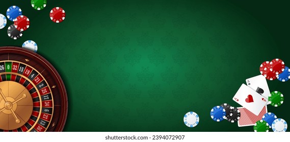 Vegas casino colorful poker chips, round roulette and ace card. Gambling addiction, risky money, huge jackpot, lucky game. Concept of playing game via real cash. Green background. Vector illustration