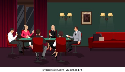 Vegas casino indoor interior. People play poker game, blackjack. Bet money, win chips, closed club, try luck. Comfortable sofa, armchairs. Concept of leisure and entertainment. Vector illustration