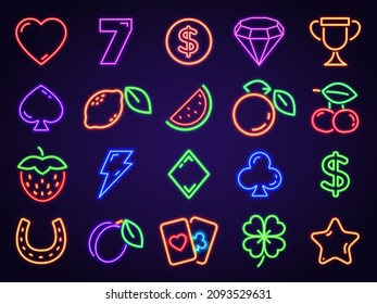 Vegas casino neon slot icons for signs and decor. Glowing gambling game symbols 7, cards, fruits, coin, cherry and lucky clover vector set. Illustration of jackpot and casino lucky