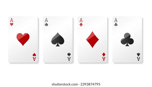 Vegas casino red and white poker cards in row. Diamonds, clubs, hearts, spades ace. Gambling addiction, risky money, lucky game. Concept of playing via real cash. White background. Vector illustration