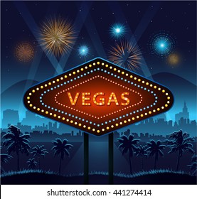 Vegas city sign at night and city background with lights and fireworks