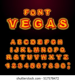 Vegas font. Glowing lamp letters. Retro Alphabet with lamps. Vintage show ABC with light bulb. Glittering lights lettering